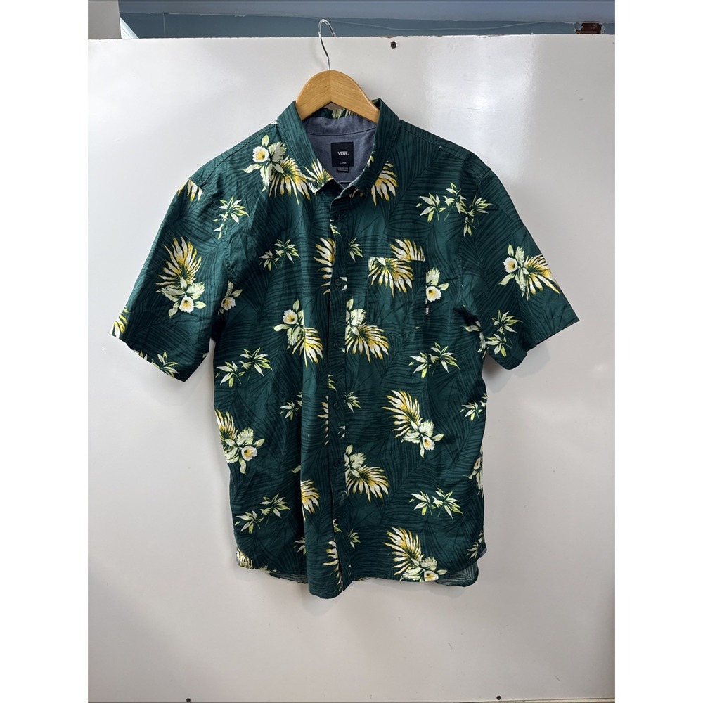 Vans L Green Floral Hawaiian Shirt Tropical Button Up Cotton Classic Fit Mens